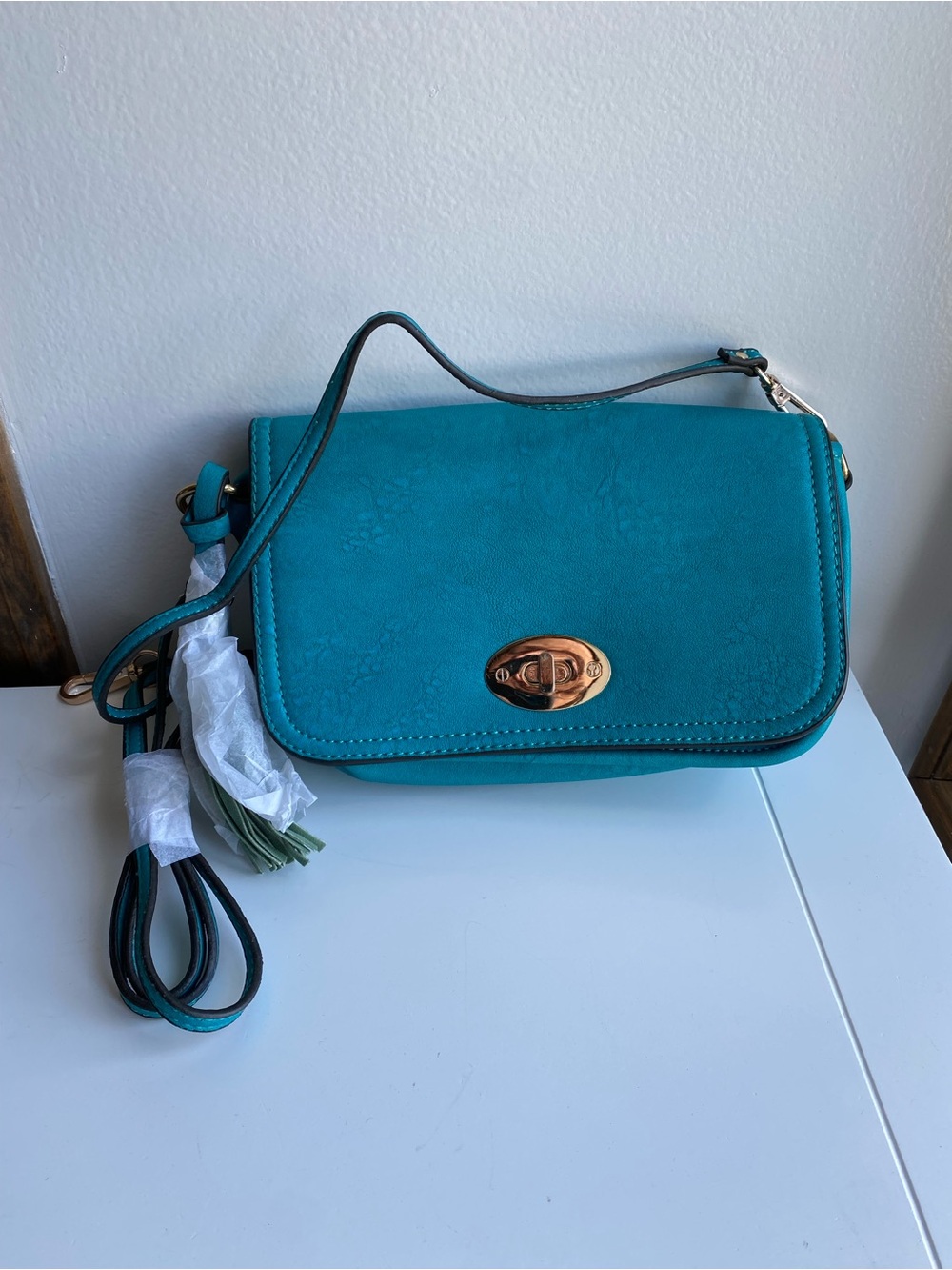 NWT Turquoise Crossbody Bag with Gold-Tone Turn Lock and Flap